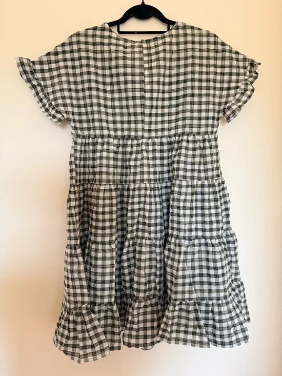 BiBi Olive and White Gingham Tiered Short-Sleeve Mini Dress - Picture 5 of 5